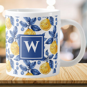 Caneca De Café Grande Limões Amarelos Mediterrâneo Azul Amalfi Inicial