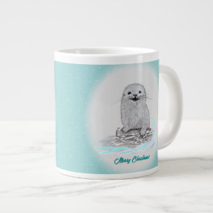 Caneca De Café Grande Lindo Bebê de Lontra Marinha Branca, Feliz Natal