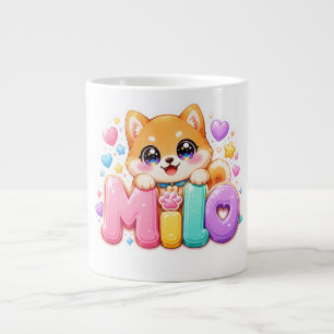 Caneca De Café Grande Lindo Milo Cachorro Kawaii Nome Pastel Rosa Brilha