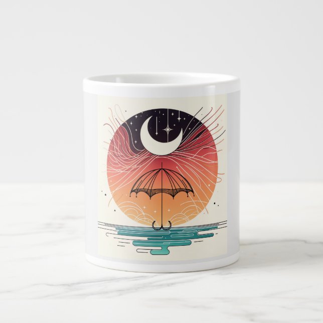 Caneca De Café Grande Linha de Boho Surreal da Lua e do Guarda-chuvas (Frente)