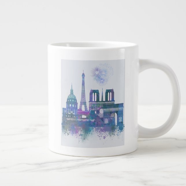 Caneca De Café Grande Linha do Skyline de Paris - Azul Aquarela (Direita)