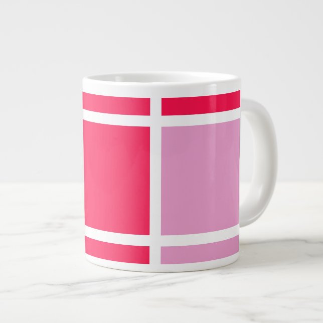 Caneca De Café Grande Linhas brancas rosas rosa-rosa quadradas geométric (Frente Esquerda)