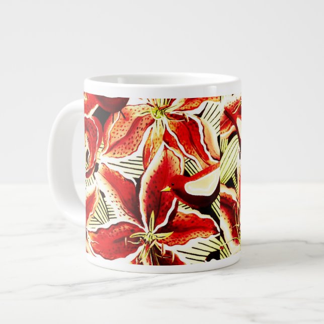 Caneca De Café Grande Lírios vermelhos e aves vermelhas (Frente Esquerda)