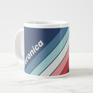 Caneca De Café Grande Listras Azuis Náuticas Vintage com Nome