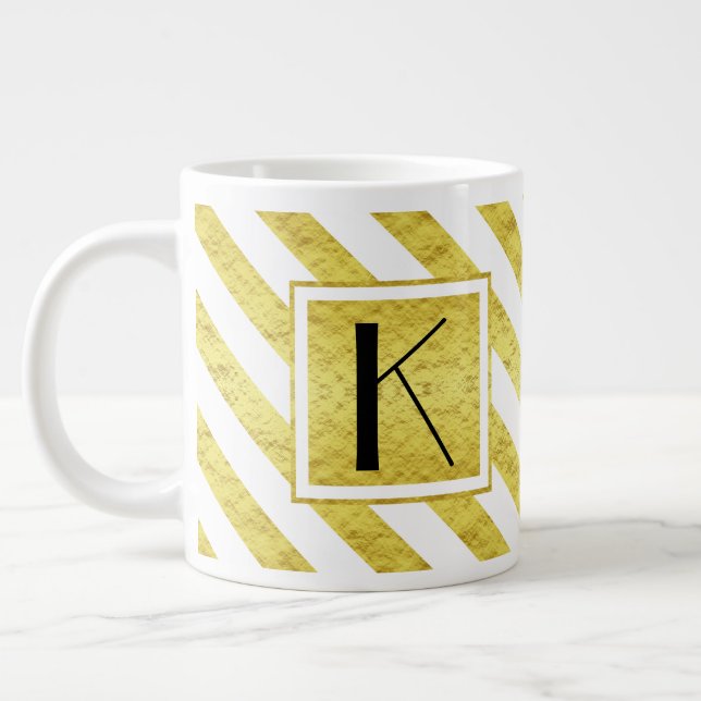 Caneca De Café Grande Listras Douradas Monograma Elegante (Esquerda)