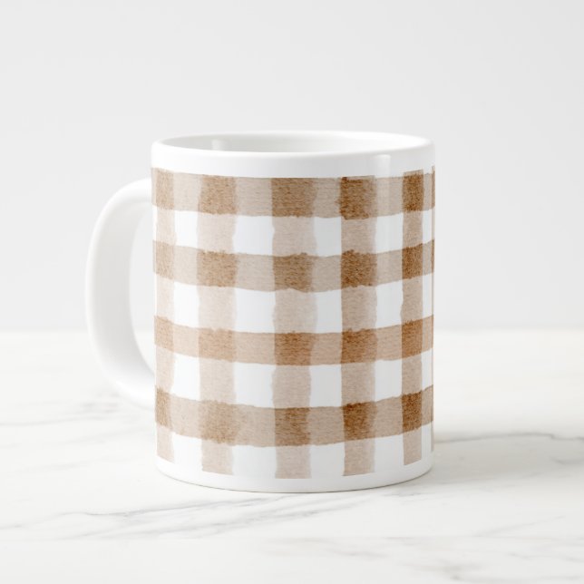 Caneca De Café Grande Listras Marrons Creme Xadrez Bege (Frente Esquerda)