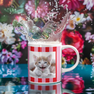 Caneca De Café Grande Listras Rosa e Vermelho 2 Fotos de Família e Anima