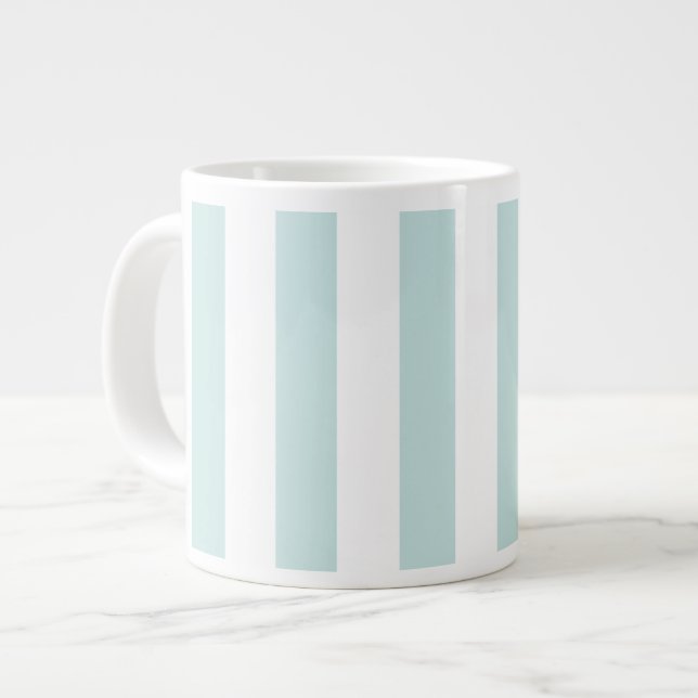 Caneca De Café Grande Listras Verticais em Teal Claro e Branco (Frente Esquerda)