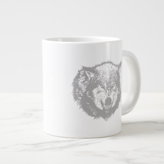 Caneca De Café Grande Lobo Irritado na Cinza (Frente Esquerda)
