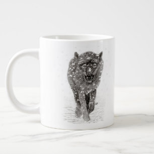 Caneca De Café Grande Lobo Negro Zangado na Neve, inverno selvagem