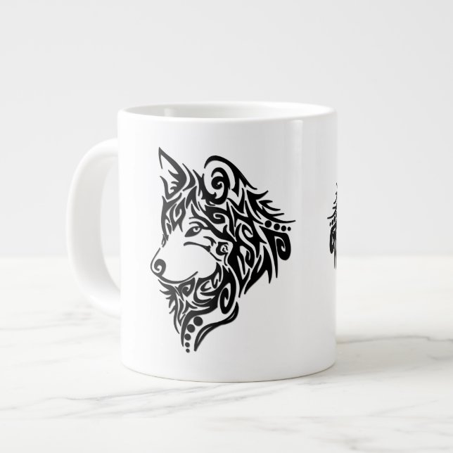 Caneca De Café Grande Lobo Tribal (Frente Esquerda)