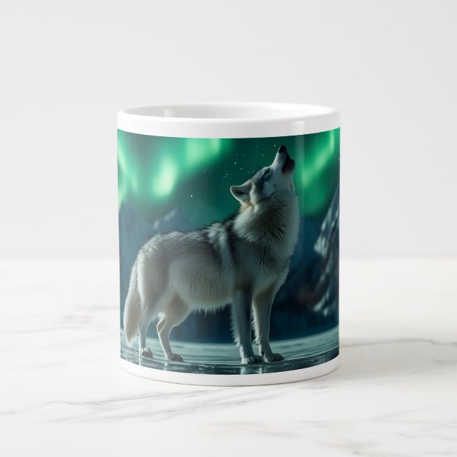 Caneca De Café Grande Lobo Uivando Sob a Aurora Boreal (Frente)