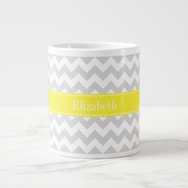 Caneca De Café Grande Lt Cinza Chevron Branco Amarelo Monograma Nome (Frente)