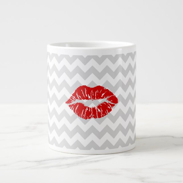 Caneca De Café Grande Lt Cinza White Chevron, Red Lipstick Kiss (Frente)