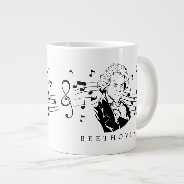 Caneca De Café Grande Ludwig van Beethoven Portrait e Bust Com Notas (Frente Esquerda)