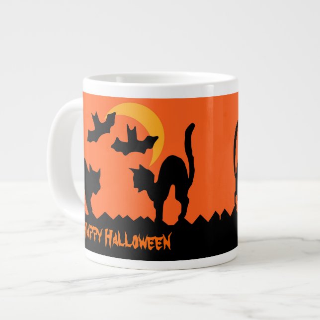 Caneca De Café Grande Luta de Gatos Negros no Halloween (Frente Esquerda)