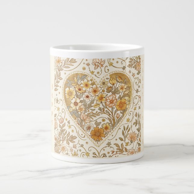 Caneca De Café Grande Luxury, , Beigi Gold Yellow ,Love Heart Flowers (Frente)