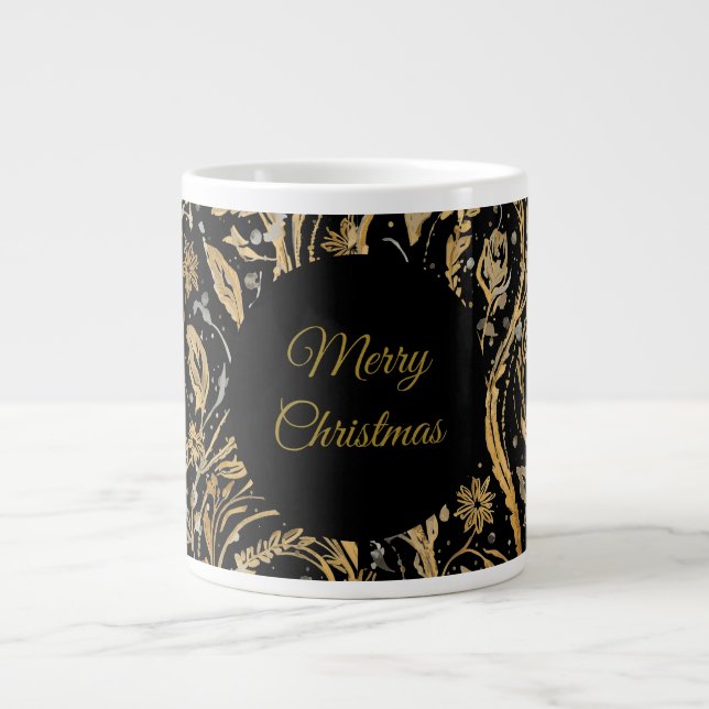 Caneca De Café Grande Luxury Black Gold Flowers Pattern, Merry Christmas (Frente)