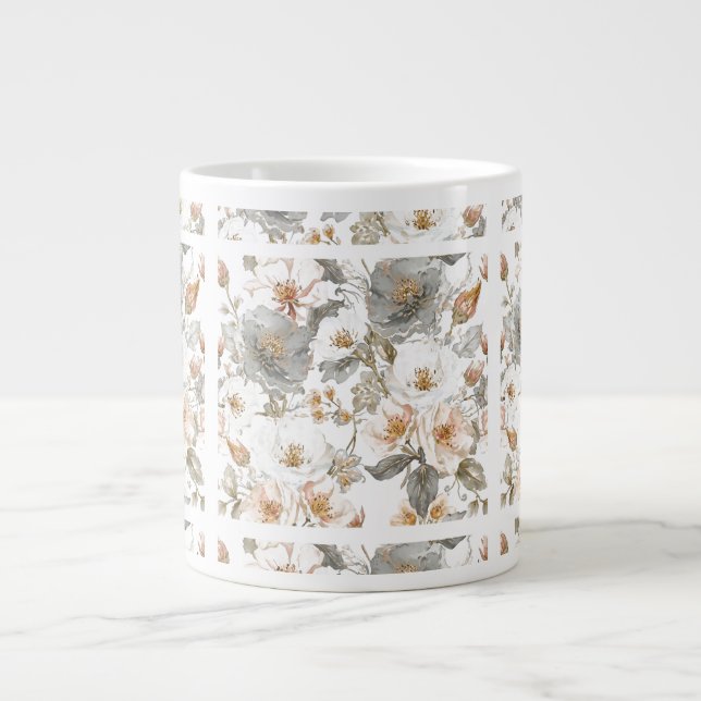 Caneca De Café Grande Luxury, Elegant, Gold Grey Flowers Pattern  (Frente)