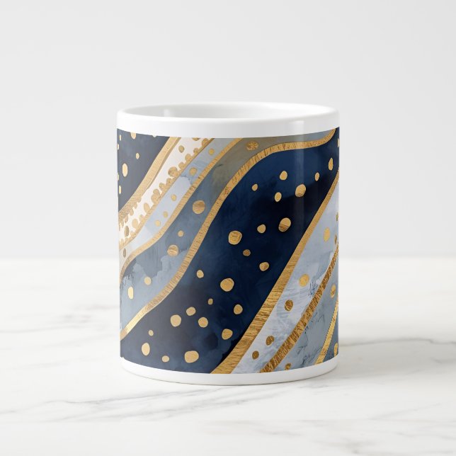 Caneca De Café Grande Luxury, Modern, Gold Blue Pattern, (Frente)