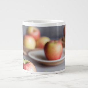 Caneca De Café Grande Maçãs vermelhas frescas na mesa, migalhas de torta