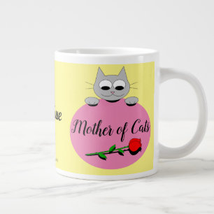 Caneca De Café Grande Mãe de Gatos Cinzas Bonitas com Rosa vermelha