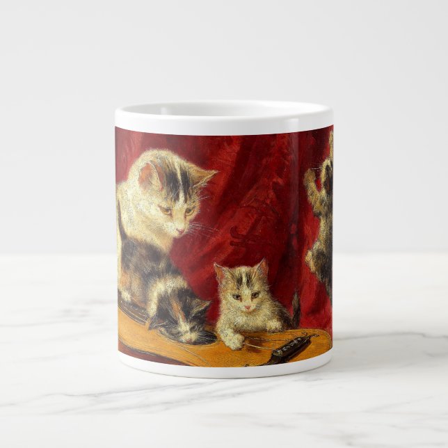 Caneca De Café Grande Mãe Gato e Gatinhos Brincando com Violão (Frente)