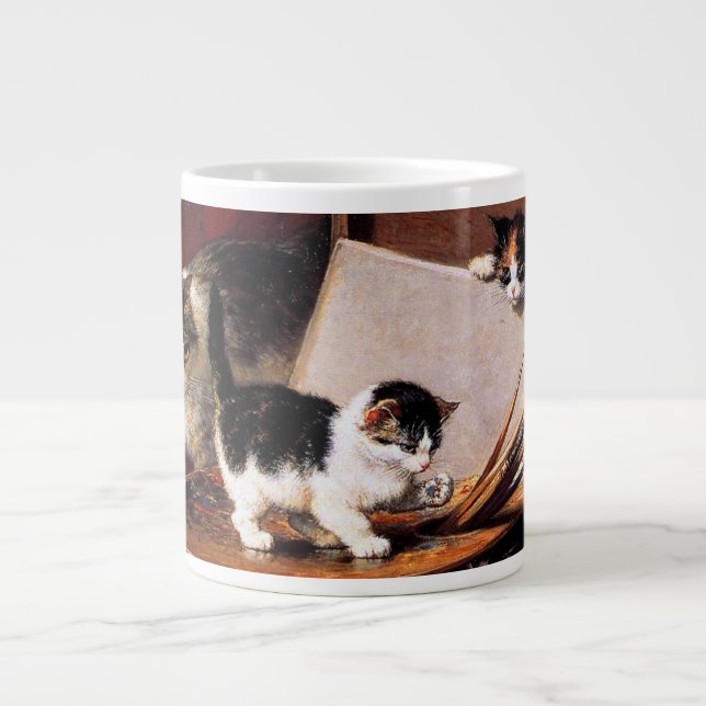Caneca De Café Grande Mãe Gato e Gatinhos na Mesa (Frente)