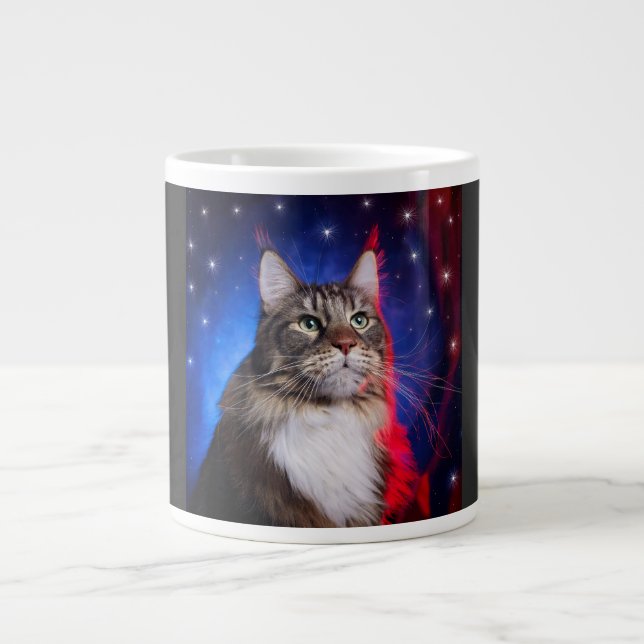 Caneca De Café Grande Maine Coon Cat With Red White Blue Aura And Stars (Frente)