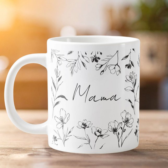 Caneca De Café Grande Mama Custom Quote Black White Floral Line Art  (Criador carregado)