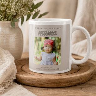 Caneca De Café Grande Mama Moderna Bege Crianças Foto Dia das Mães 