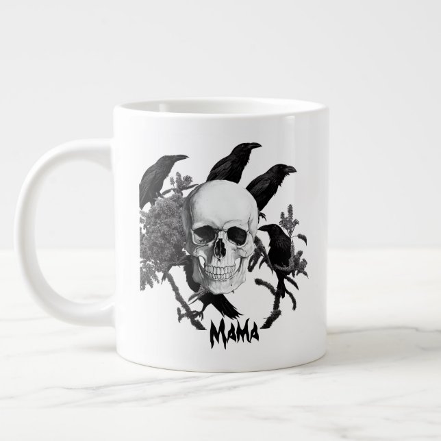 Caneca De Café Grande Mama Skull E Crows Halloween Jumbo Mug (Esquerda)
