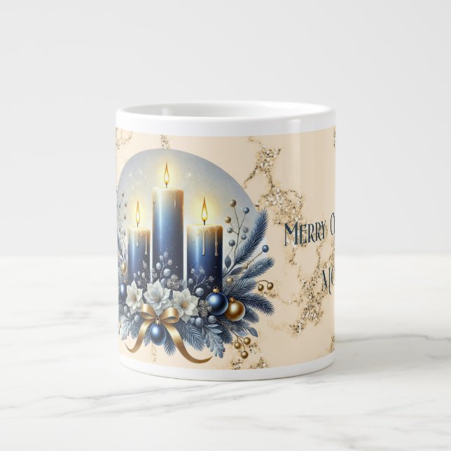 Caneca De Café Grande Mamãe Feliz Natal Velas Azuis Especiais Mug (Frente)