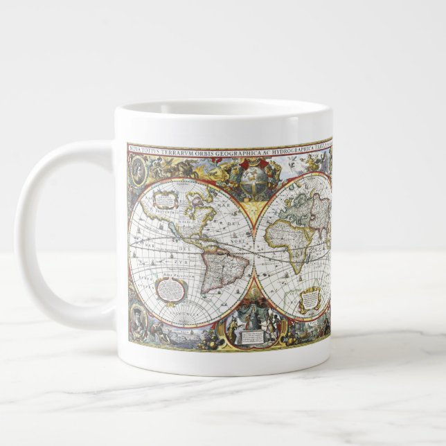 Caneca De Café Grande Mapa antigo do mundo por Hendrik Hondius, 1630 (Esquerda)