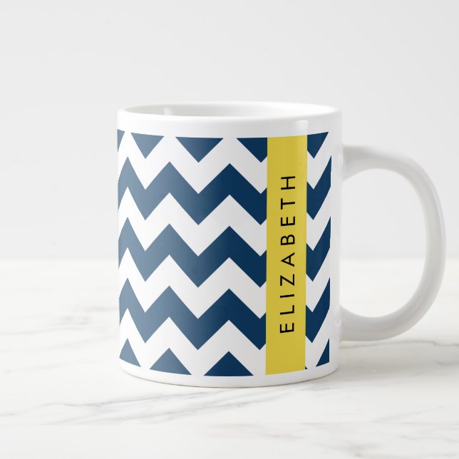 Caneca De Café Grande Marinho Azul Zigzag, Marinho Blue Chevron, Seu Nom (Direita)