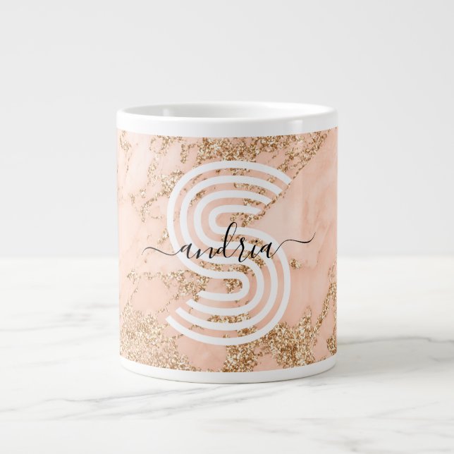Caneca De Café Grande Mármaco com brilho Dourado rosa, nome do script Wh (Frente)