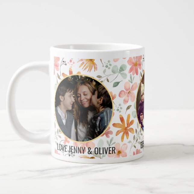 Caneca De Café Grande Melhor Mãe Alguma Vez Três Fotografias Foral (Esquerda)