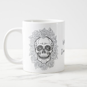Caneca De Café Grande Memento Mori! Caveira e Rosas, Desenho Mão