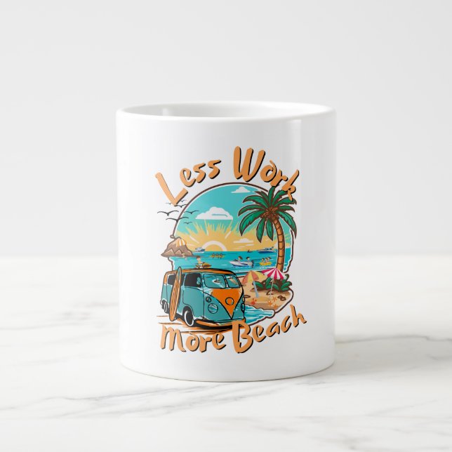 Caneca De Café Grande Menos Trabalho Mais Praia (Frente)