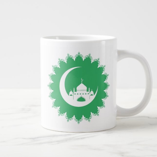 Caneca De Café Grande Mesquita Branca em Crescente Lua Ramadã verde (Direita)