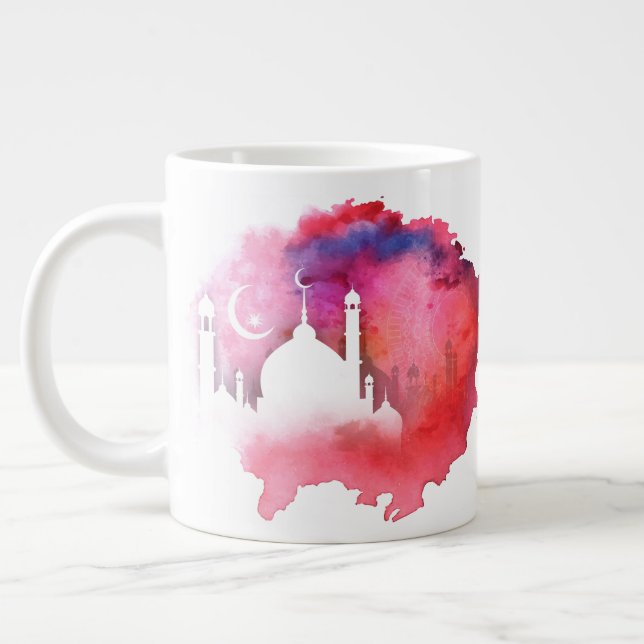Caneca De Café Grande Mesquita Ramadã de Aquarela e Roxos (Esquerda)