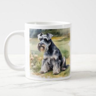 Caneca De Café Grande Miniatura Schnauzer no jardim - Aquarela