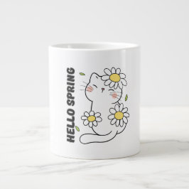 Caneca De Café Grande Minimalist Aesthetic Hello Spring Cat & Daisy 