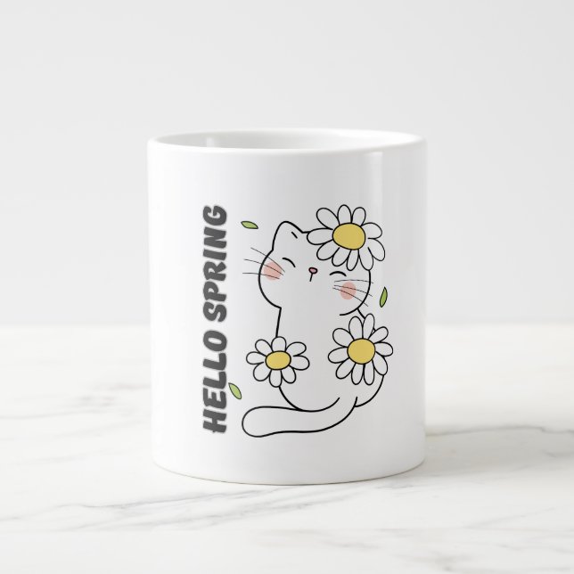 Caneca De Café Grande Minimalist Aesthetic Hello Spring Cat & Daisy  (Frente)