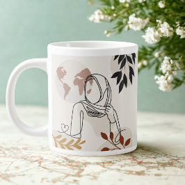 Caneca De Café Grande Minimalist Hijabi Line Art Mug | Terracotta & Gold