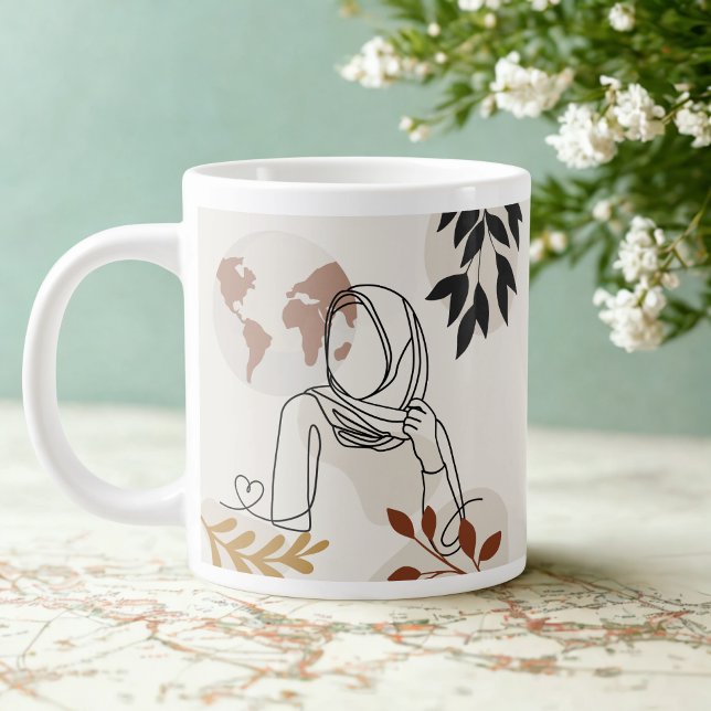 Caneca De Café Grande Minimalist Hijabi Line Art Mug | Terracotta & Gold (Criador carregado)