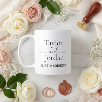 Caneca De Café Grande Modern "Just Married" Wedding Minimalist 