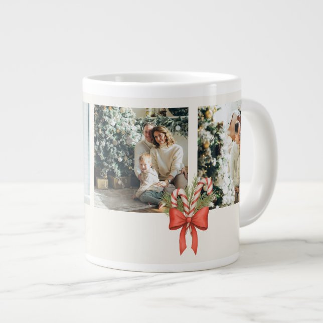 Caneca De Café Grande Modern Three-Photo Holiday Family Collage (Frente Esquerda)