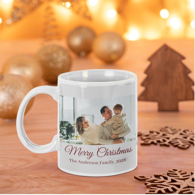 Caneca De Café Grande Modern Three-Photo Holiday Family Collage (Criador carregado)