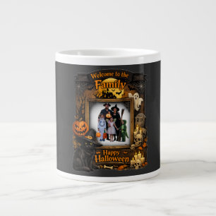 Caneca De Café Grande Moldura de Foto de Família de Halloween Gato Preto